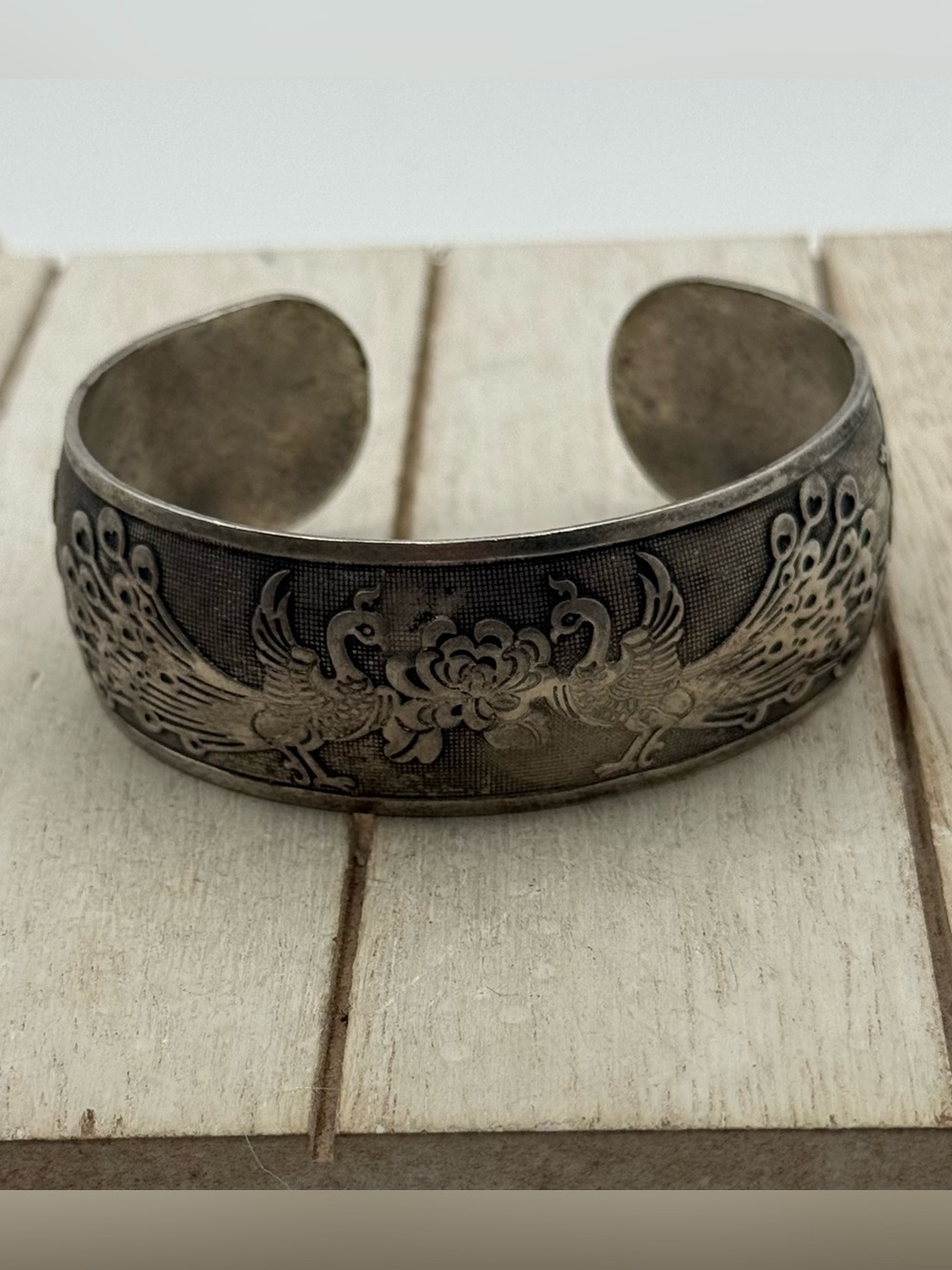 Engraved Silver-Tone Peacock Cuff Bracelet
